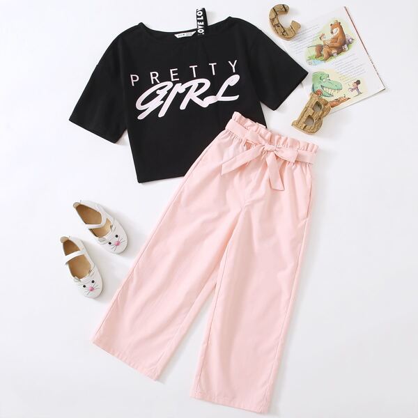 

Girls Letter Tape Drop Shoulder Tee & Paperbag Waist Belted Pants Set, Multicolor