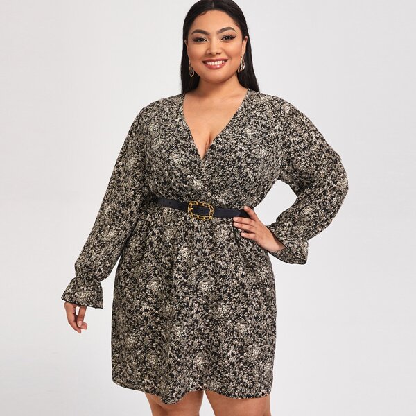 

Plus Ditsy Floral Surplice Front Flounce Sleeve Dress Without Belt, Multicolor