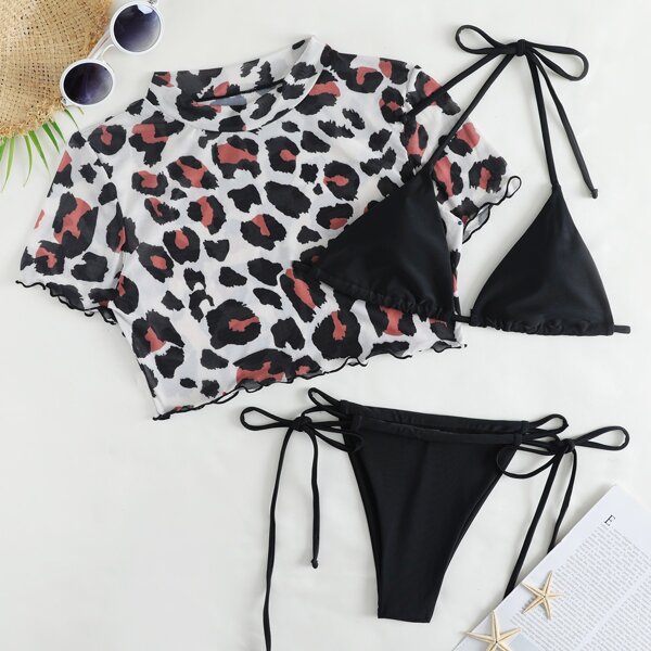 

Micro Triangle Thong Bikini Swimsuit With Leopard Top, Black