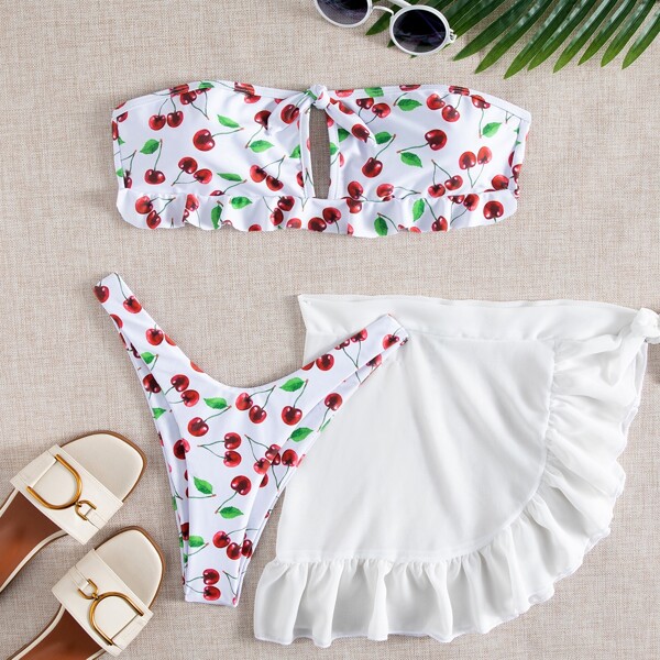 

3pack Cherry Print Bandeau Bikini Swimsuit & Beach Skirt, Multicolor