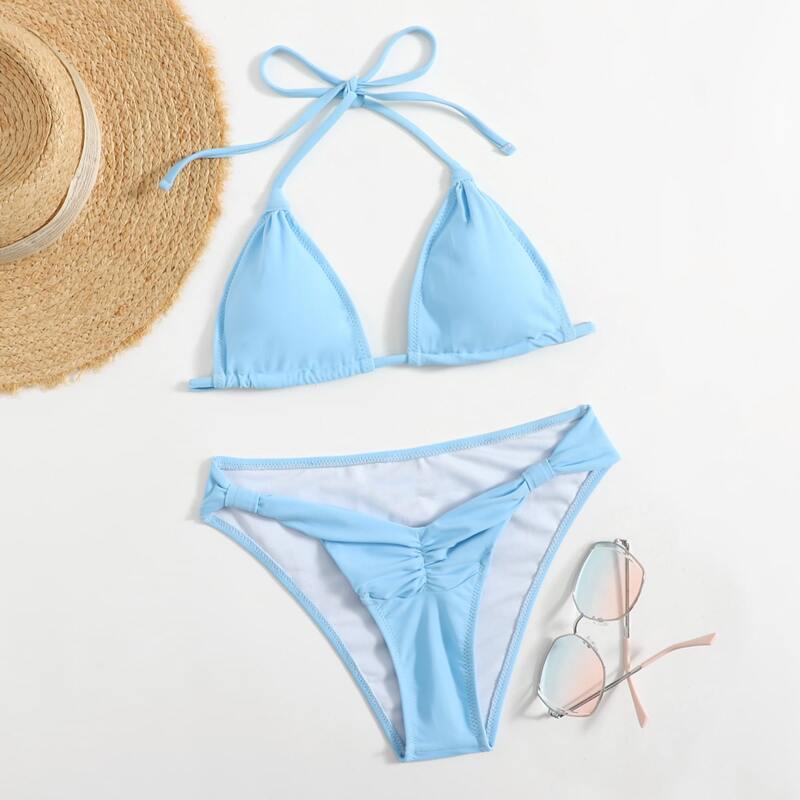 

Ruched High Leg Bikini Swimsuit, Baby blue