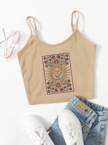 Muchica 花卉和圖案印花吊帶上衣 - 卡其色 - 查看 1