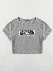 SHEIN EZwear 標語和人像圖案短版上衣 - 淺灰色 - 查看 3