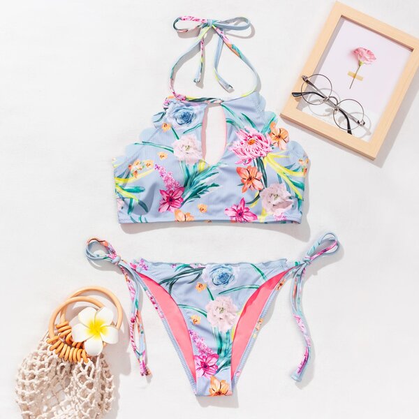 

Floral Rib Halter Bikini Swimsuit, Multicolor