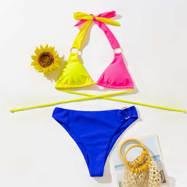 

Color Block Ring Linked Halter Bikini Swimsuit, Multicolor