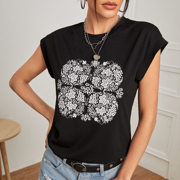 

Floral Print Cap Sleeve Tee, Black