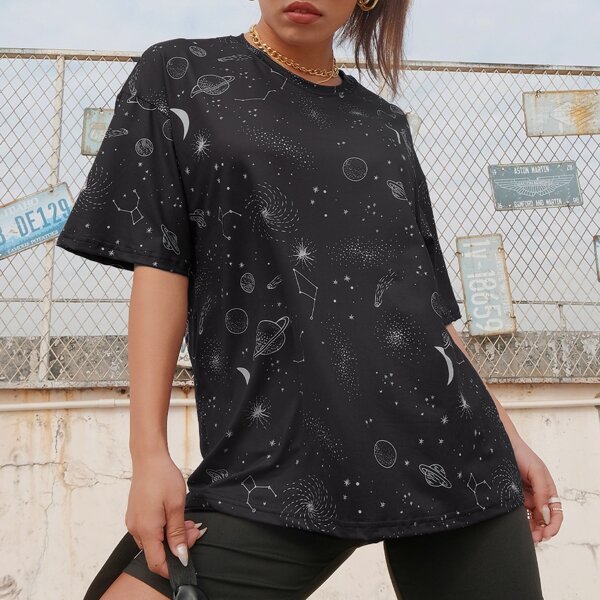 

Drop Shoulder Galaxy Print Tee, Black