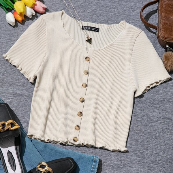 

Button Front Lettuce Trim Rib-knit Cardigan, Beige