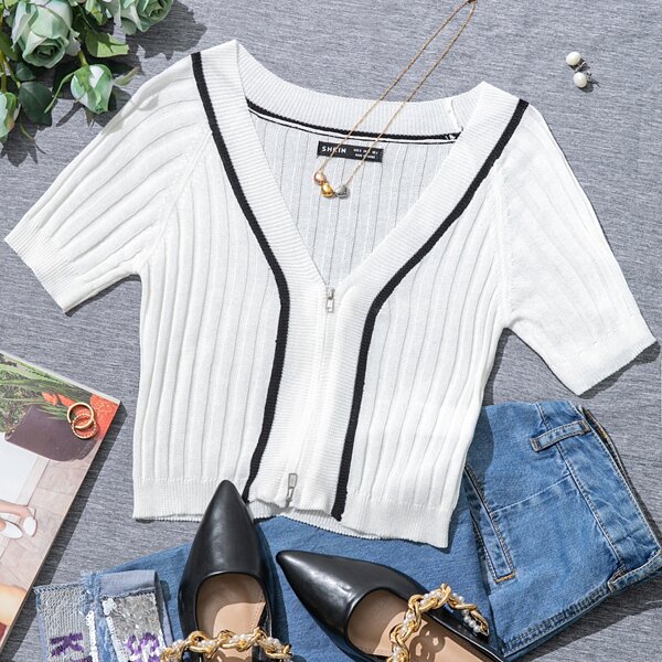

Zip Up Striped Rib-knit Cardigan, White