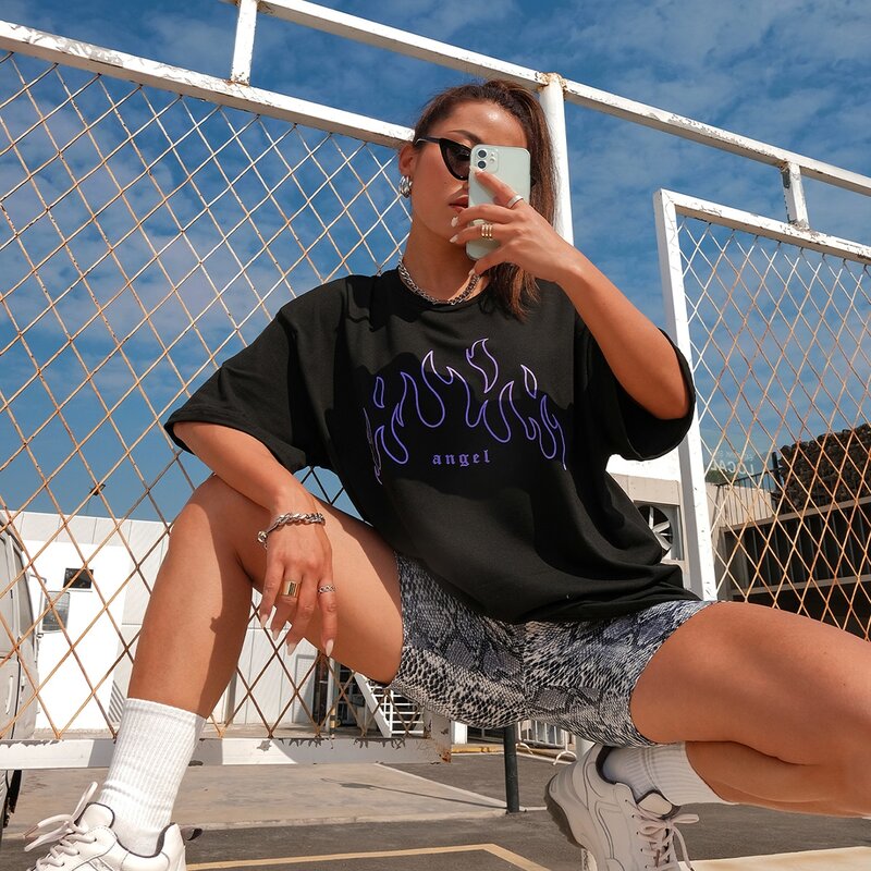 

Letter & Fire Graphic Oversized Longline Tee, Black
