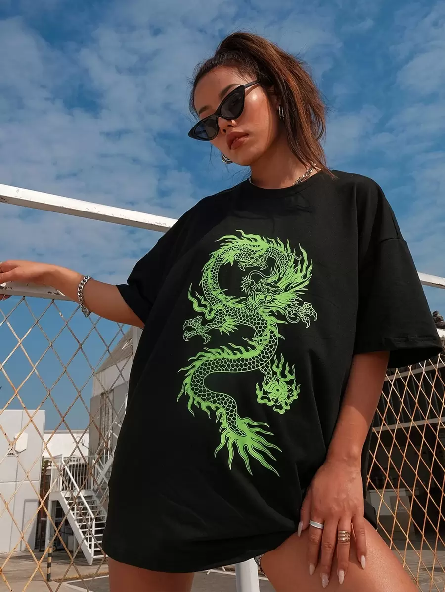 SHEIN Unity Chinese Dragon Graphic Oversized Longline Tee - Black - View 1