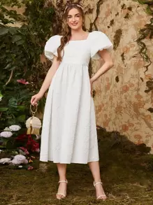Seusyu Floral Appliques Bishop Sleeve Dress - White - View 3