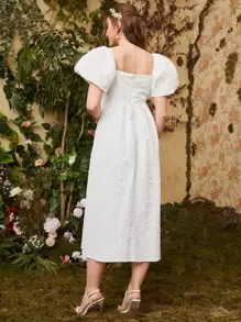 Seusyu Floral Appliques Bishop Sleeve Dress - White - View 2