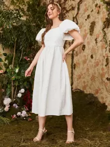 Seusyu Floral Appliques Bishop Sleeve Dress - White - View 4