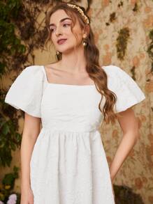 Seusyu Floral Appliques Bishop Sleeve Dress - White - View 5