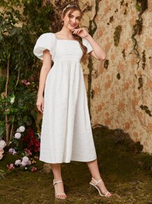 Seusyu Floral Appliques Bishop Sleeve Dress - White - View 1