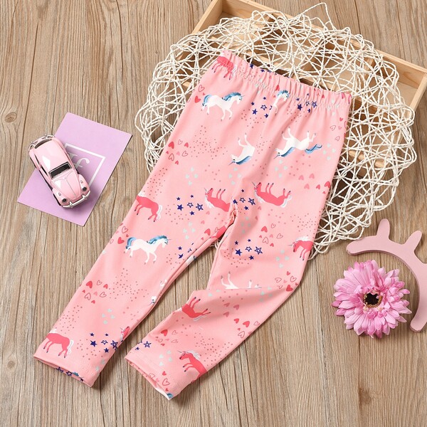 

Toddler Girls Unicorn & Heart Print Leggings, Coral pink