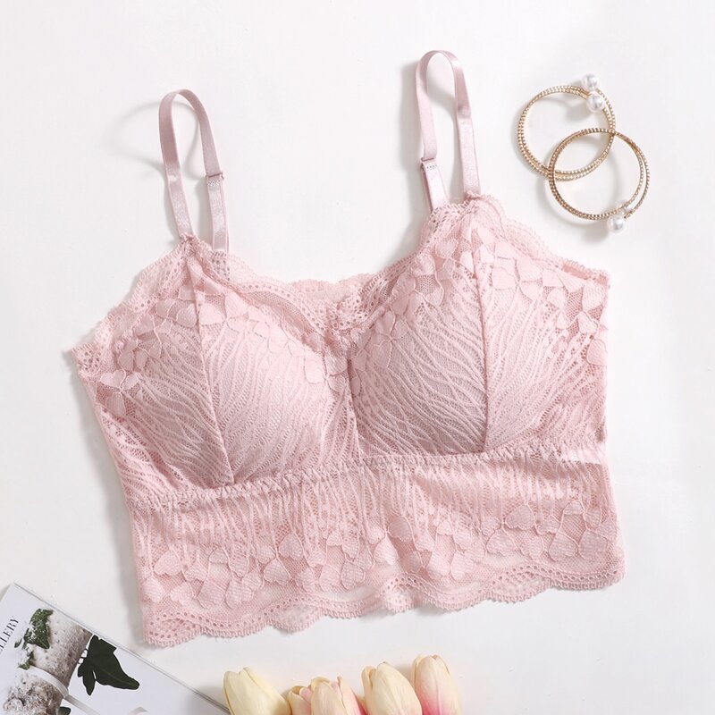

1pc Floral Lace Bralette, Baby pink