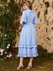 SHEIN Peter Pan Collar Bow Front Bell Sleeve Ruffle Trim Dress - Baby Blue - View 3