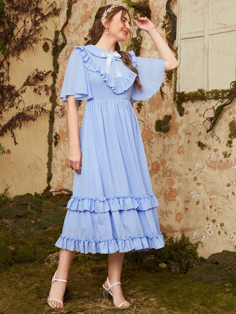 SHEIN Peter Pan Collar Bow Front Bell Sleeve Ruffle Trim Dress - Baby Blue - View 1