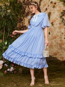 SHEIN Peter Pan Collar Bow Front Bell Sleeve Ruffle Trim Dress - Baby Blue - View 2