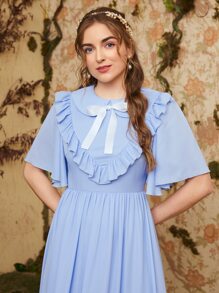 SHEIN Peter Pan Collar Bow Front Bell Sleeve Ruffle Trim Dress - Baby Blue - View 5