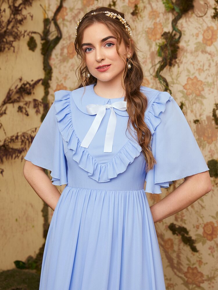 SHEIN Peter Pan Collar Bow Front Bell Sleeve Ruffle Trim Dress - Baby Blue - View 5
