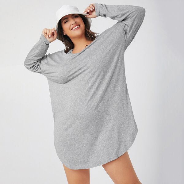 

Plus Drop Shoulder Curved Hem Dress, Light grey