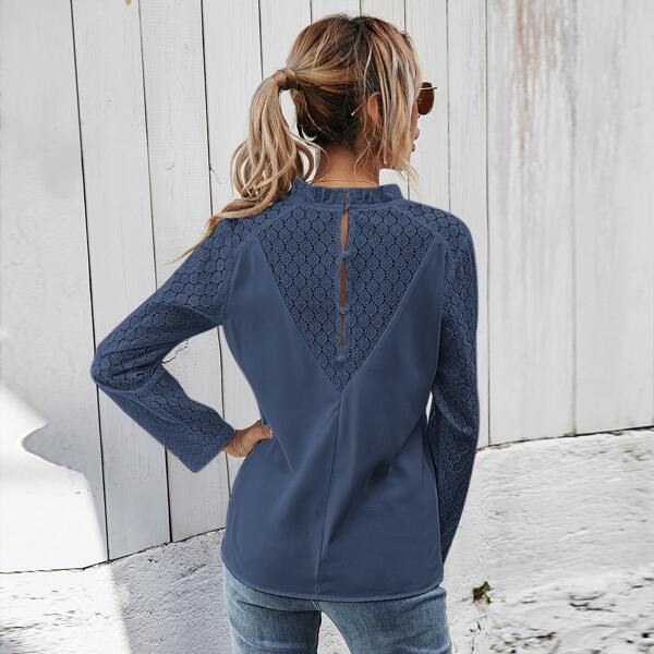 

Contrast Guipure Lace Frill Neck Blouse, Dusty blue