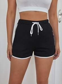 SHEIN EZwear Contrast Binding Drawstring Runner Shorts - Black - View 4