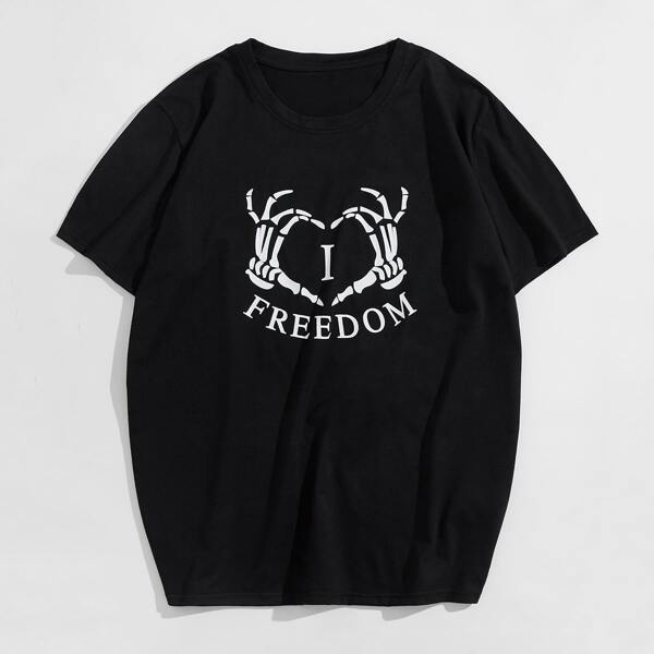 

Men Skeleton Hand And Slogan Graphic Tee, Black