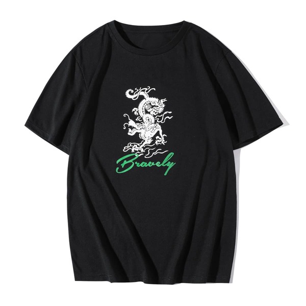 

Men Chinese Dragon And Letter Graphic Tee, Black