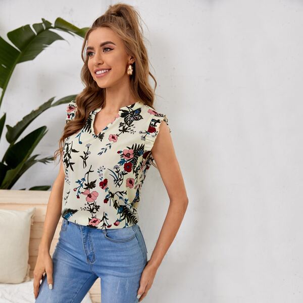

Floral Print Frill Trim Blouse, Multicolor