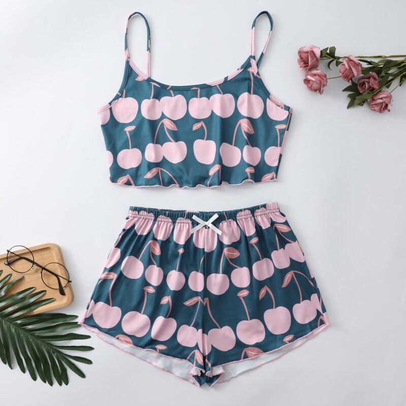

Fruit Print Lettuce Trim Bow Front Cami PJ Set, Multicolor