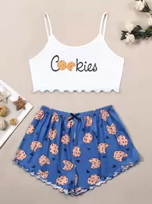 Cookies & Letter Graphic Lettuce Trim Cami PJ Set / Pajama Set - Blue and White - View 1