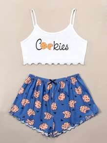 Cookies & Letter Graphic Lettuce Trim Cami PJ Set / Pajama Set - Blue and White - View 3