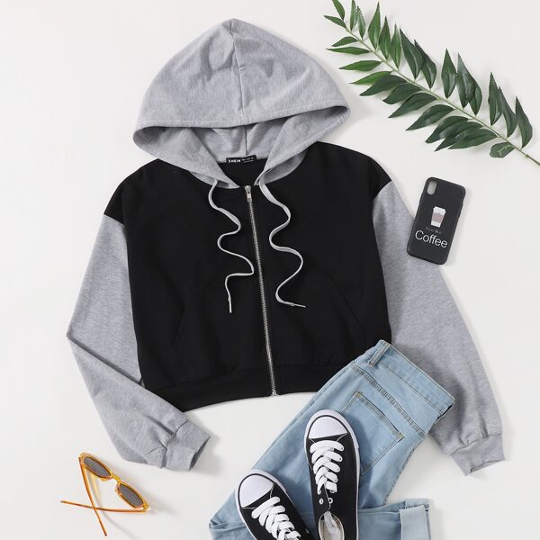 

Colorblock Zip Up Drawstring Crop Hoodie, Multicolor