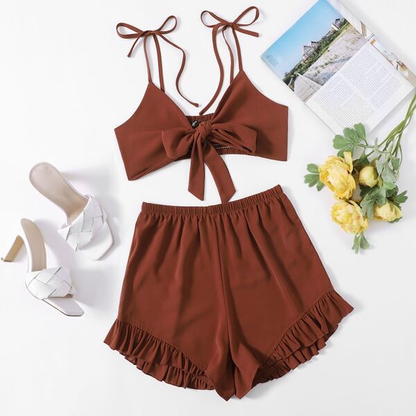 

Knot Front Crop Cami Top With Ruffle Hem Shorts, Rust brown