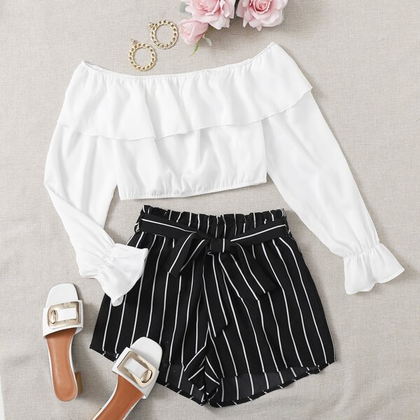 

Flounce Sleeve Crop Blouse With Striped Print Belted Shorts, Black and white