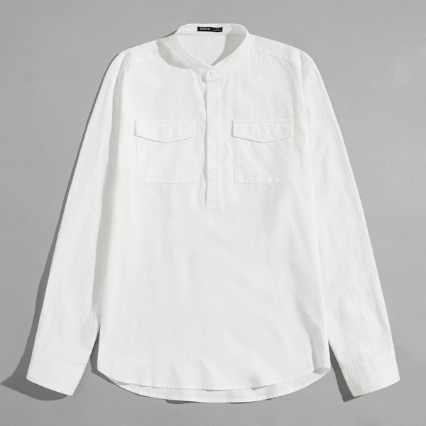

Men Mock Neck Flap Pocket Shirt, White
