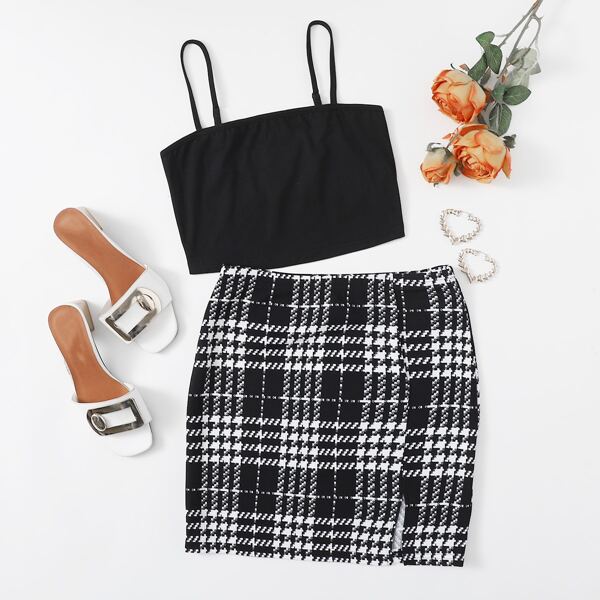 

Crop Cami Top & Plaid Skirt, Black and white