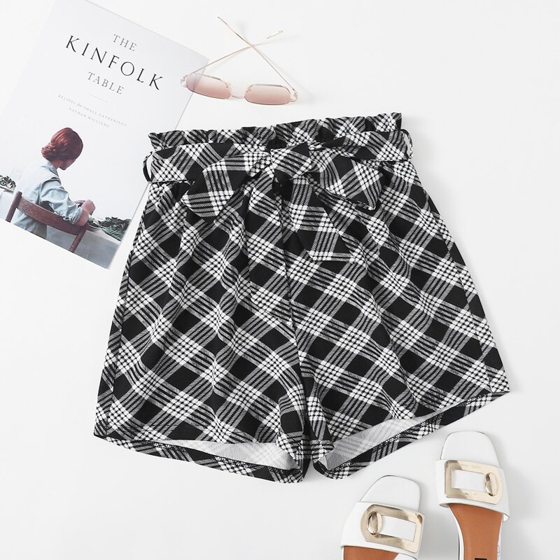 

Plaid Paper Bag Waist Belted Shorts, Black and white