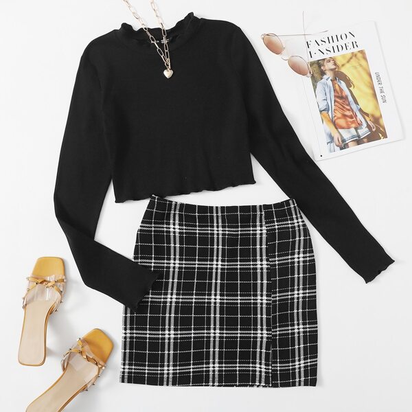 

Lettuce Trim Crop Tee & Plaid Skirt, Black