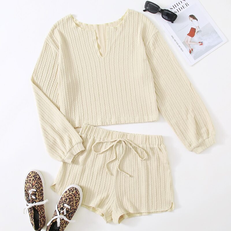 

Solid Drop Shoulder Tee & Knotted Shorts, Beige