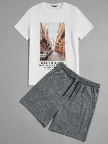 Manfinity Men Slogan Graphic Tee & Drawstring Shorts Set
