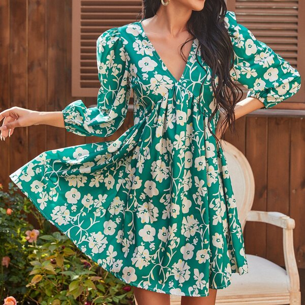 

Tie Backless Allover Floral Dress, Green