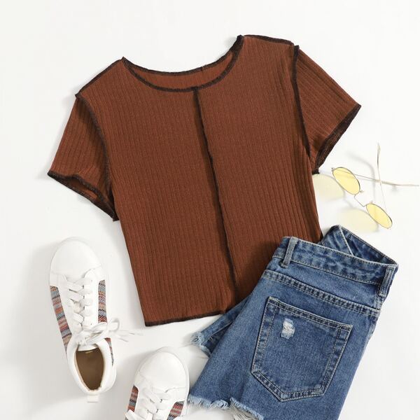 

Contrast Stitch Rib-knit Tee, Brown
