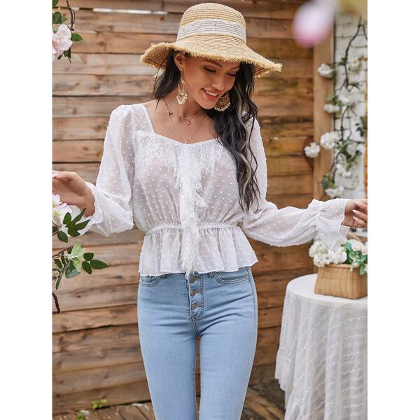 

Contrast Eyelash Lace Trim Swiss Dot Blouse, White