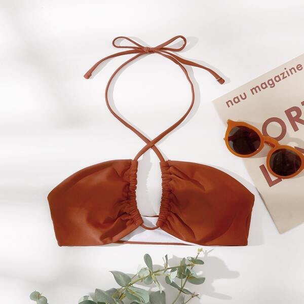 

Cross Halter Bikini Top, Rust brown