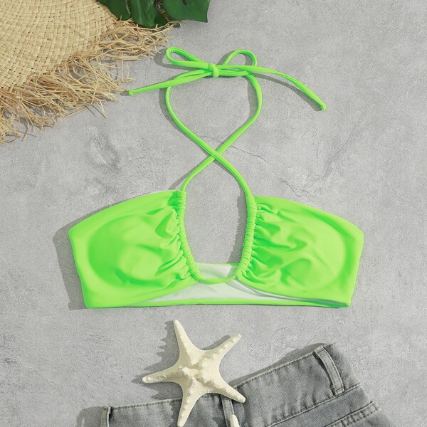 

Neon Lime Cross Halter Bikini Top, Neon lime green